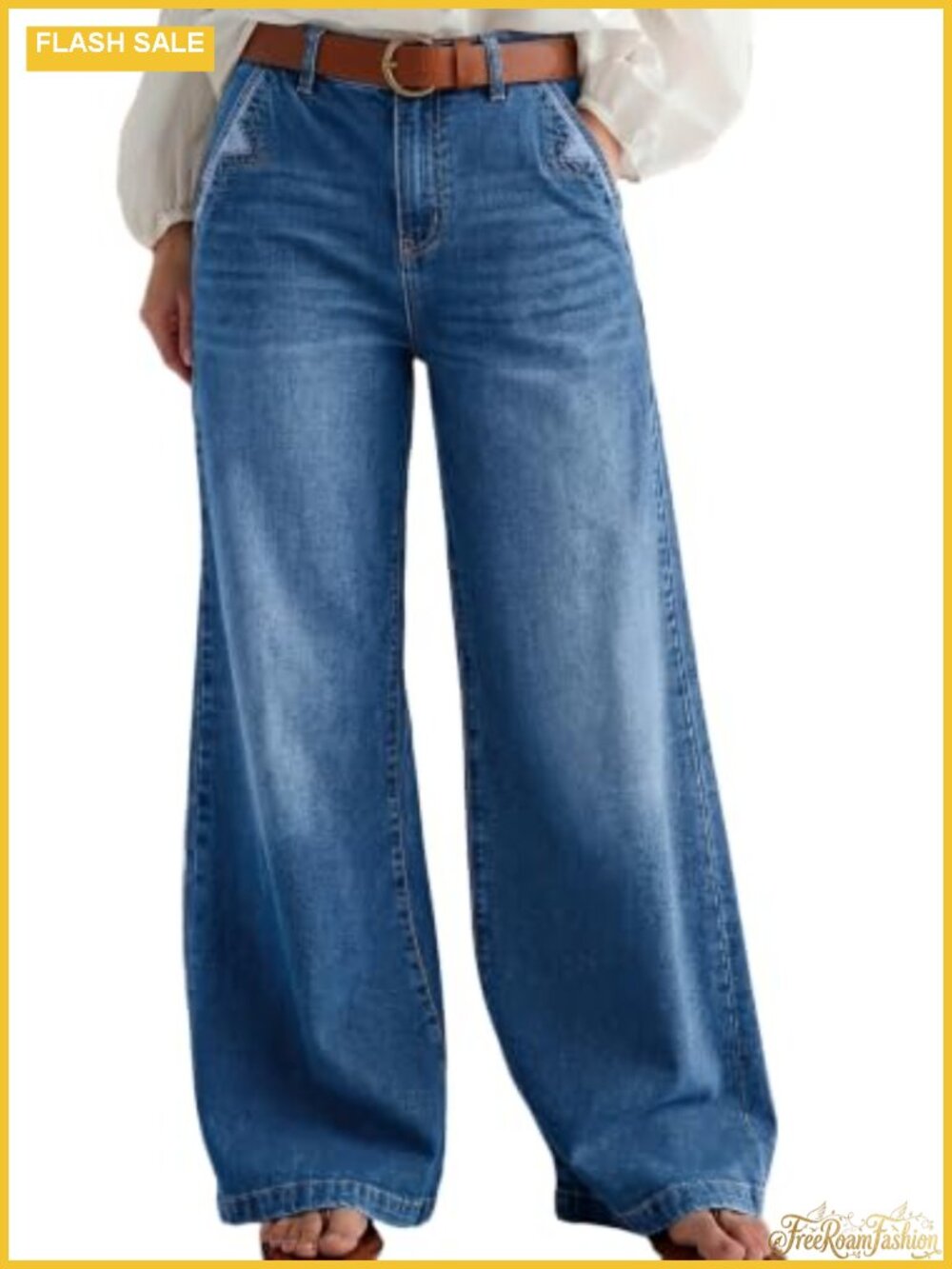 Women's Mid Rise Straight Wide Leg Stretchy Denim Jeans Baggy Pants